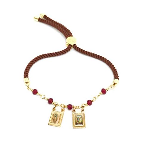 LESLIE BOULES Scapular Bracelet with Crystal Beads & Brown Satin Cord Adjustable Cover