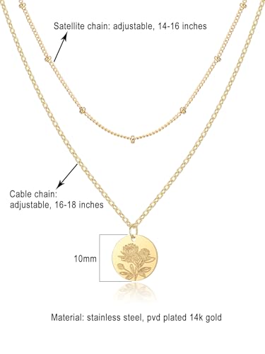 Birth Flower Necklace, Gold Layered Necklaces for Women, Birth Month Flower Coin Pendant Necklace Set, Satellite Chain, Birthday Gifts2