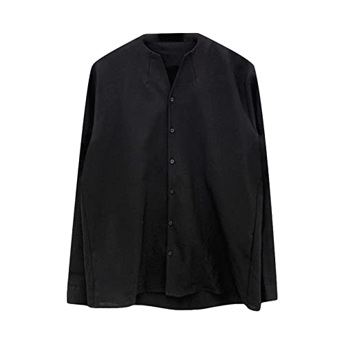 DGHM-JLMY Men's Spring Handsome Collarless Slim Shirt Banded Collar Solid Dress Shirts Casual Henley Irregular Ironing Shirt