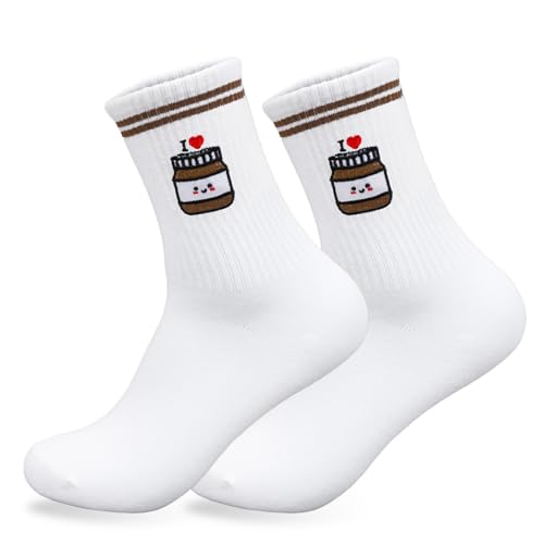 HUKUMA Lustige Socken Unisex Damen Herren Haselnusscreme-Stickerei Tennissocken süßer Brotaufstrich als Motiv Geschenke Lustige Sportsocken weihnachtssocken Personalisierte Geschenke für Damen Herren