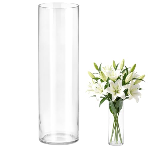 QWORK® Grand Vase Cylindrique 40x12 cm, Vase Fleur Décoratif en Verre Transparent