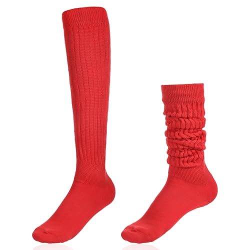 Knee High Red Socks Slouch Socks Long Red Socks for Women Girls 80s 90s Socks Stacked Socks Boot Socks Red Tube Socks Long Scrunch Socks