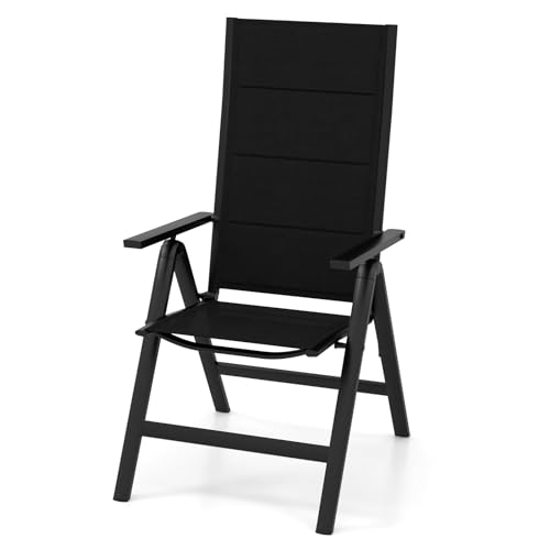 Tangkula Patio Folding Chair, Outdoor Dining Chairs with Soft Padded Seat, 7-Position Adjustable Backrest, Armrests, Portable Sling Reclining Chairs for Porch Pool Backyard Camping (1, Black)