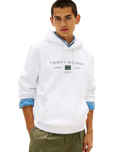 Image of Tommy Hilfiger Men's Medium Weight Cotton Hoodie Sweatshirt With Printed Stacked Chest Graphic