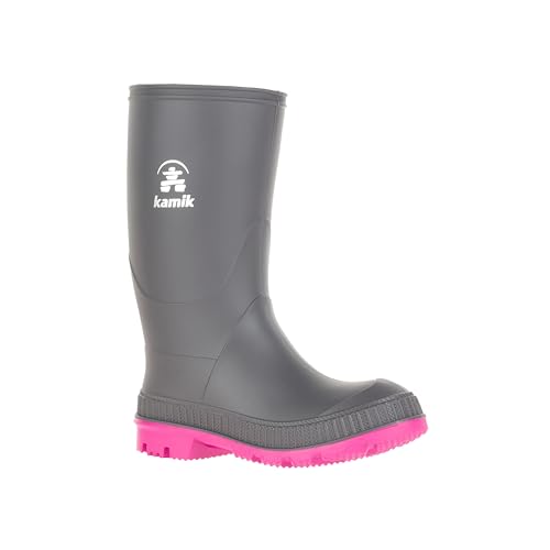 Kamik Stomp Rain Boot for Kids - Waterproof and Warm Felt Footbed Designed for Rainy Day Adventures, Charcoal/Magenta - 3 Little Kid