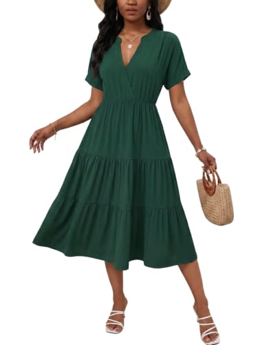 Image of PerZeal Women's Casual Tiered Midi Dress with Pockets - V Neck Short Sleeve Elastic Waist Ruffle Summer Dress for Daily Wear
