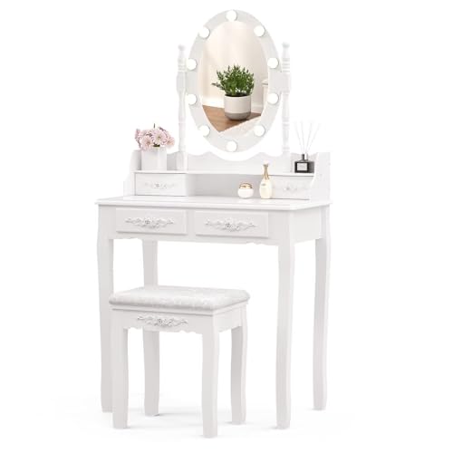 Image of Alohappy Girls Makeup Vanity Set, Dressing Table Desk with Lighted Mirror and Stool, Makeup Table with 4 Drawers for Bedroom, Bathroom (Vanity with Lighted Mirror)