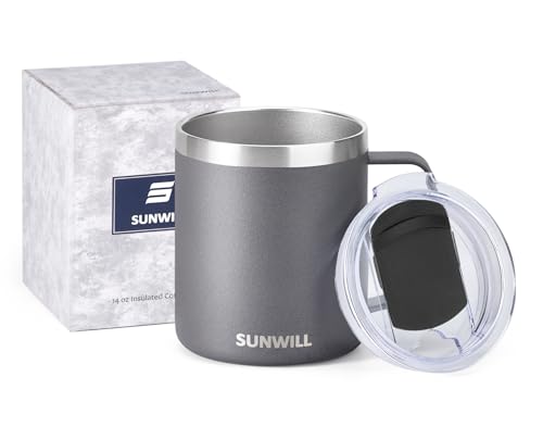 Image of SUNWILL Coffee Mug with Handle, 14oz Insulated Stainless Steel Coffee Travel Mug, Double Wall Vacuum Reusable Coffee Cup with Lid, Cool Grey
