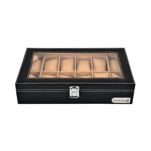 Image of BOXXO 12 Slot Watch Organizer Box for Men & Women - Premium PU Leather Watch Case, Soft Velvet Cushions & Glass Lid Display, Elegant Storage Box - 34x20x8 cm (Black /Beige, 12 Slots)