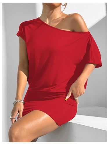 Image of SOLY HUX Women's Off The Shoulder Mini Dress Going Out Asymmetrical Neck Short Sleeve Casual Bodycon T Shirt Dresses