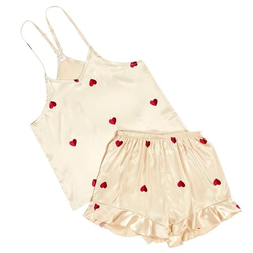 Balla Sleep + Spa Ivory and Red Heart Pattern Satin Polyester Women's 2 Piece Cami and Ruffled Short PJ Pajama Sleepwear Lounge Set, Small