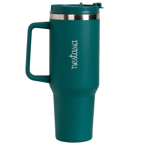 Image of Nestasia GripSip40 Tumbler with Straw & Side Handle 1.2L | Insulated Stainless Steel Sipper Water Bottle for Adults with Dual Flip Opening Sip-Swig Leakproof Lid for Office & Gym (Emerald Isle)