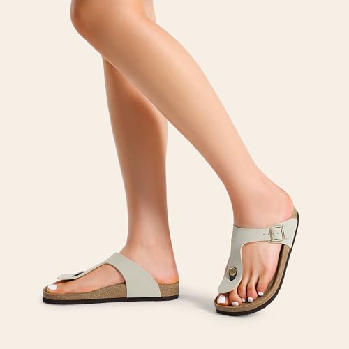 Image of DREAM PAIRS Arch Support Thong Sandals for Women Casual Leather Flip Flops Dressy Slides with Soft Cork Footbed Adjustable Strap for Summer Beach Vacation