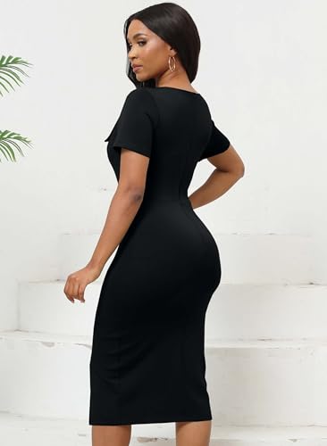 Image of Fooullaide Women's Sexy Bodycon Mid Dress Stretch Short Sleeve V Neck Cocktail Party Dresses