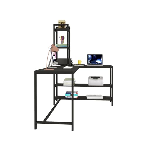 Image of Klaxon L Shaped Study Table for Students and Adults, Corner Computer Desk with Tower Shelf, Home Office and Gaming, Wood and Metal Frame, 162.5 x 112.5 cm, Full Black, DIY (English Black WOI)