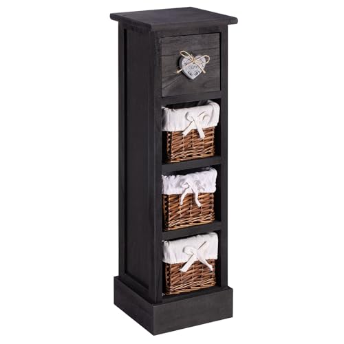 IDIMEX Chiffonnier Flower Petit Meuble avec 1 tiroir et 3 paniers étagère en Bois de Paulownia Noir, Style Shabby Chic Vintage Rustique Romantique