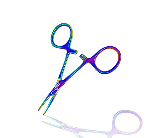 Cynamed Mosquito Hemostatic Forceps with Multicolor/Rainbow Titanium Coating - Premium Quality - Hemostat Clamping Pliers with Serrated Jaws - 3.5 in. (Straight)