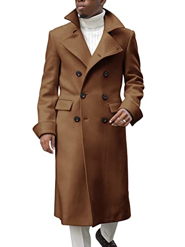 Ebifin Men's Notch Lapel Double Breasted Long Trench Coat Casual Cotton Blend Peacoat #TOP2