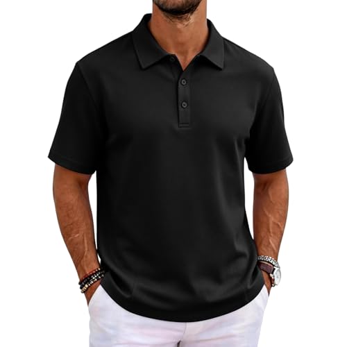GOFULY Men's Short Sleeve Polo Shirt Black M