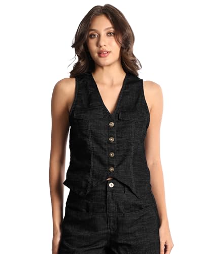 Women's Linen Blend Denim Vest Sleeveless V Neck Button Down Jean Waistcoat Jacket2