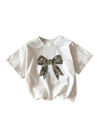 SHENHE Girl's Graphic Bow Tshirt Crew Neck Short Sleeve Camo Print Loose Fit Tee Top