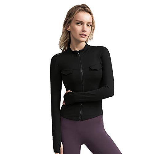 GFBVC Women Sports Clothing Women's Tight Fitness Clothes Stand-up Collar Zipper Was Thin Long-sleeved Quick-drying Sports Jacket Quick Drying (Color : Black, Size : L)