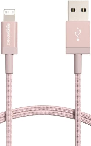 Amazon Basics USB-A to Lightning Charger Cable, Nylon Braided Cord, MFi Certified for Apple iPhone 14 13 12 11 X Xs Pro, Pro Max, Plus, iPad, 10,000 Bend Lifespan, High Speed Transfer, 6ft, Rose Gold - image 1