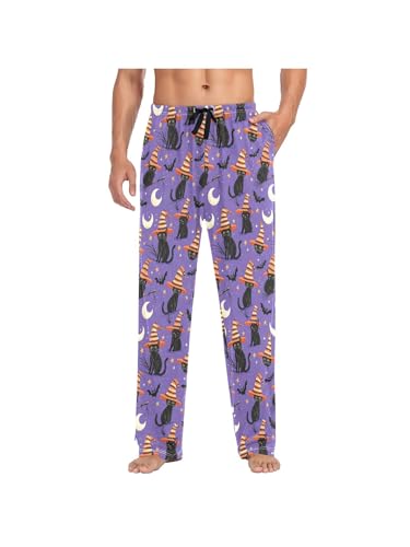 ZZKKO Pajamas Pants for Men Halloween Black Cat Bat Men's Pajama Bottoms 100% Cotton PJ Pants for Mens S2