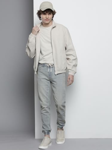 Image of The Indian Garage Co Men Slim Fit Solid Mid-Rise Stretchable Denim Joggers