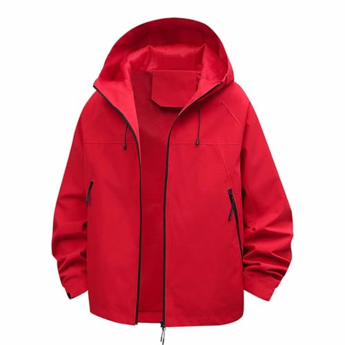 Furundly Women's Red Hooded Raincoat: Lightweight, Waterproof Trench Jacket in Large