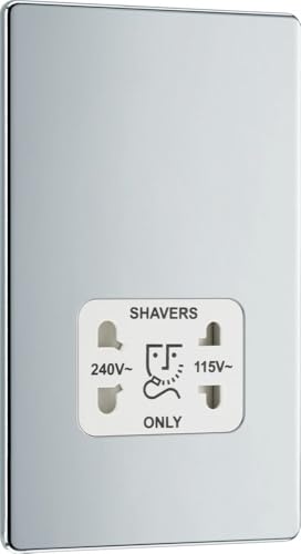 BG Electrical Dual Voltage Shaver Plug Socket, Electric Toothbrush Charger Socket for Bathrooms, Screwless Front Plate, Premium Flatplate, 2-Pin, Polished Chrome, White Inserts, 115V / 240V, FPC20W