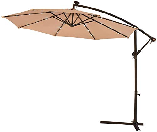HOMGX, Outdoor Parasol 10ft Patio Umbrella, 8 Ribs and 24 LED Solar Powered Lights, Beige