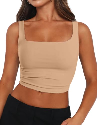 Zeagoo Sleeveless Crop Tops for Women Double Layering Slim Fit Cropped Tank Top Basic Going Out Tops Nude - image 1