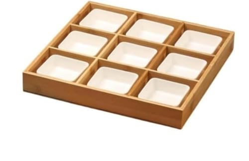 Glaucus 小皿セット 和風 9点セット 陶器 仕切り付き 深型 竹トレイ付き 前菜皿 盛り鉢 醤油皿 小鉢 和食器 セラミック 火鍋 焼肉 寿司 食洗機対応 天然木 調理器具 (南筑9グリッド+白磁ボウル9個,32.5*32.5*5CM)