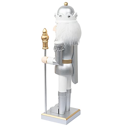 FUNPENY 14\" Christmas Decorative Nutcracker Figures, Wooden Silver King Hold Scepter, Festive Collectible Nutcracker Ornament Gift for Indoor Winter Table Desktop Fireplace Decorations - Thumbnail 5