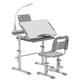 SMAGREHO Kids' Desk and Chair Set, Height Adjustable Child's School Study Writing Tables with Tilt Desktop, LED Light, Storage Drawer, Book Stand(Grey)