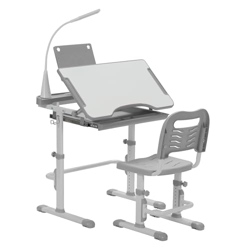SMAGREHO Kids' Desk and Chair Set, Height Adjustable Child's School Study Writing Tables with Tilt Desktop, LED Light, Storage Drawer, Book Stand(Grey)