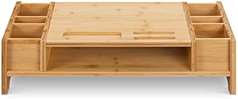 Navaris Bamboo Monitor Stand - Desk Monitor Riser Stand Tidy Storage Organiser - Desktop Raiser Stand for Monitors Computer PC Screen Projector Laptop