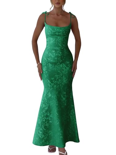 Basgute Floral Jacquard Satin Mermaid Prom Dresses for Women Maxi Dress Spaghetti Straps Long Formal Evening Party Gown
