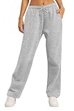 AUTOMET Women's Wide Leg Sweatpants Fleece Lined Baggy Straight Leg Lounge Pants Fall Outfits Athletic Joggers with Pockets Grey S