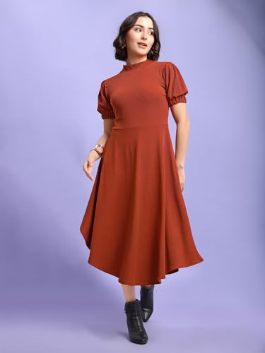 Image of PURVAJA Women's Fit & Flare Knee Length Short Sleeve Turtle Neck Solid Dress