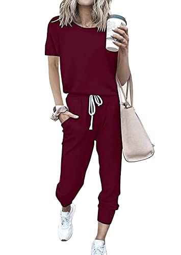 Image of PRETTYGARDEN Women Summer Two Piece Outfits Striped Short Sleeve Pullover and Long Pants Tracksuit Travel Pajama Lounge Set