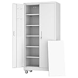 Aobabo Upgraded Garage Storage Cabinets with Wheels,Metal Storage Cabinets with 5 Adjustable Shelves for Garage Home Office Storage,White,71''H*34''W*18''D,Assembly Required