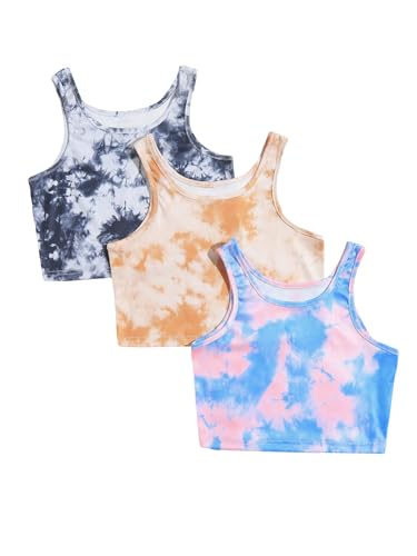 WDIRARA Girl's 3pcs Tie Dye Crop Tank Top Set Round Neck Sleeveless Casual Tank