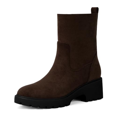 Easyfox Ankle Boots for Women Round Toe Chunky Heel Lug Sole Short Boots