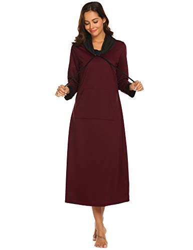 Ekouaer Long Nightgown Women Long Sleeve Loungewear Oversized Nightshirt Full Length Warm Maxi Nightdress Wine Red