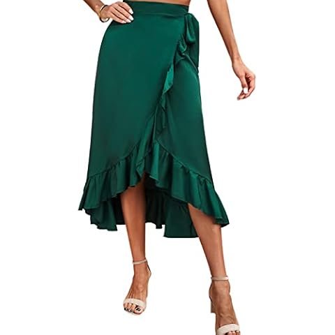 UEOIOW Womens Elastic High Waist A-Line Ruffle Flowy Pleated Skirt Drawstring Maxi Long Swing Skirts, #3 Green, X-Large Cover