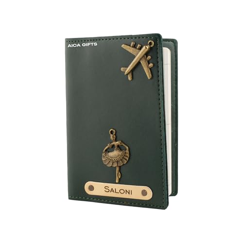 Image of AICA Personalised Name & Charm Leather Passport Cover Holder for Men & Women (DarkGreen) | Birthday Gifts for Women