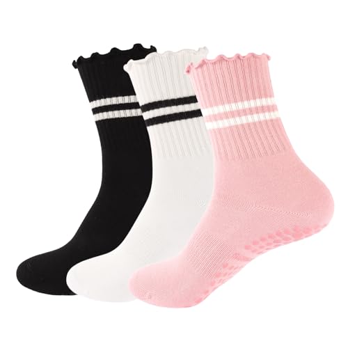 Image of 3 Pairs Yoga Socks with Grips, Non Slip Ruffle Pilates Socks Frilly Crew Socks for Barre Barefoot Workout Hospita