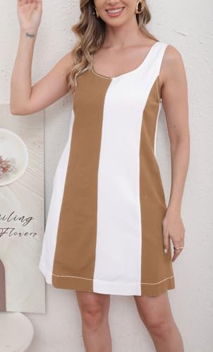 Image of CHARTOU Women Summer Sleeveless Linen Dress Color Block Short Beach Vacation Tank Dress